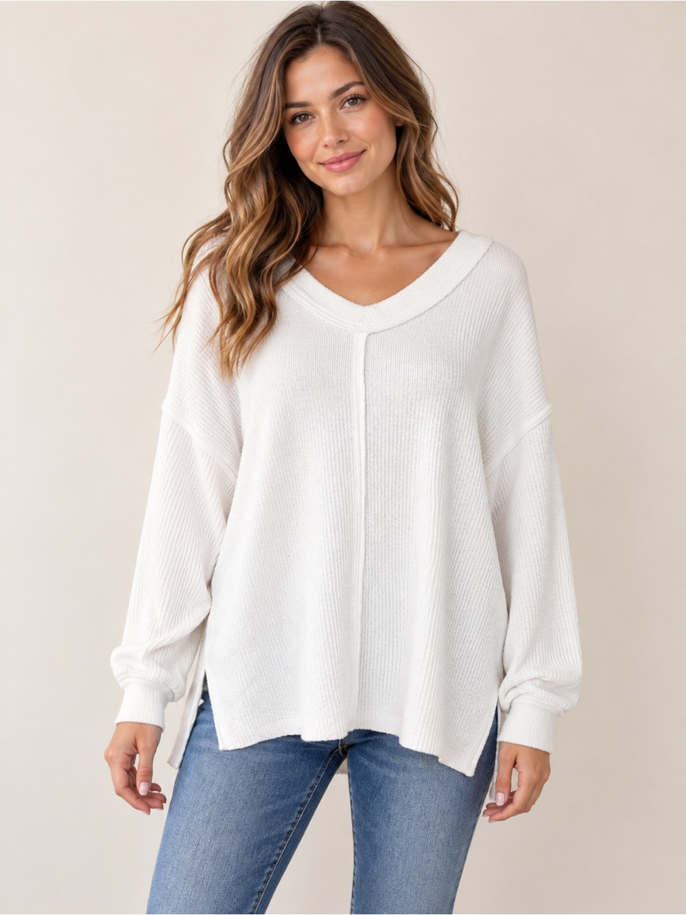 Aerie White Waffle Knit Oversized V-Neck Long Sleeve Top XS